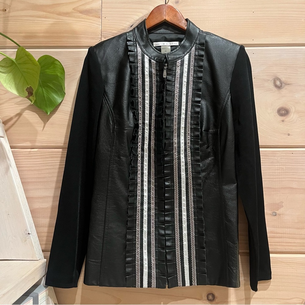 Peter Nygard Black Leather Jacket with Ribbon Details M